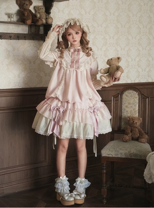 Glass Flower House Series Elegant Rose Embroidered V Shaped Splicing Covered Button Lace Ruffle Drawstring Hem Classic Lolita Short Sleeve Dress