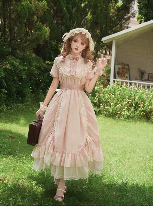 Glass Flower House Series Elegant Rose Embroidered V Shaped Splicing Covered Button Lace Ruffle Drawstring Hem Classic Lolita Short Sleeve Dress