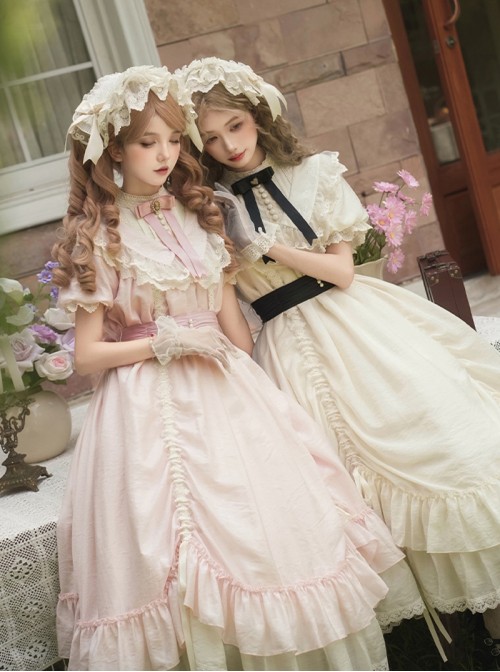 Glass Flower House Series Elegant Rose Embroidered V Shaped Splicing Covered Button Lace Ruffle Drawstring Hem Classic Lolita Short Sleeve Dress