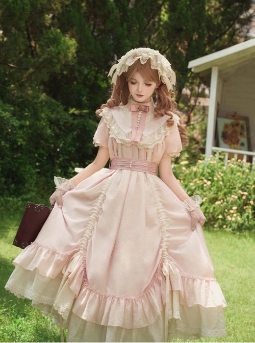 Glass Flower House Series Elegant Rose Embroidered V Shaped Splicing Covered Button Lace Ruffle Drawstring Hem Classic Lolita Short Sleeve Dress