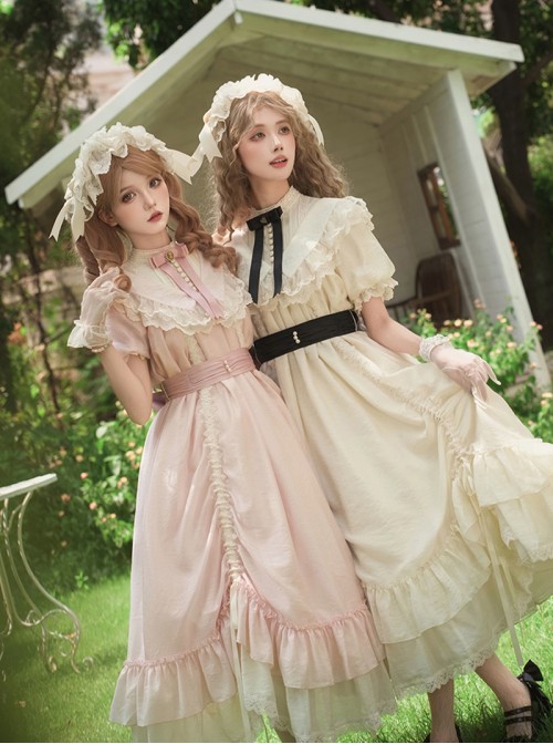 Glass Flower House Series Elegant Rose Embroidered V Shaped Splicing Covered Button Lace Ruffle Drawstring Hem Classic Lolita Short Sleeve Dress