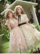 Glass Flower House Series Elegant Rose Embroidered V Shaped Splicing Covered Button Lace Ruffle Drawstring Hem Classic Lolita Short Sleeve Dress