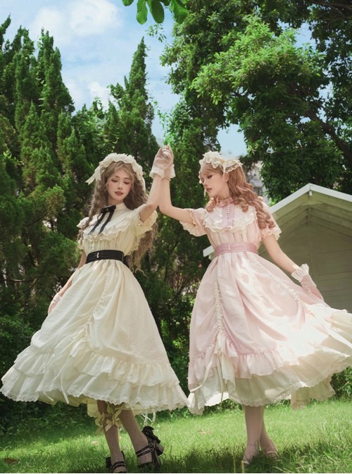 Glass Flower House Series Elegant Rose Embroidered V Shaped Splicing Covered Button Lace Ruffle Drawstring Hem Classic Lolita Short Sleeve Dress