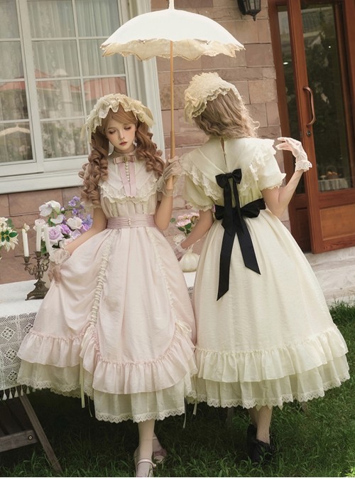 Glass Flower House Series Elegant Rose Embroidered V Shaped Splicing Covered Button Lace Ruffle Drawstring Hem Classic Lolita Short Sleeve Dress