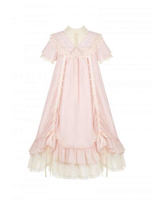 Glass Flower House Series Elegant Rose Embroidered V Shaped Splicing Covered Button Lace Ruffle Drawstring Hem Classic Lolita Short Sleeve Dress