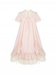 Glass Flower House Series Elegant Rose Embroidered V Shaped Splicing Covered Button Lace Ruffle Drawstring Hem Classic Lolita Short Sleeve Dress