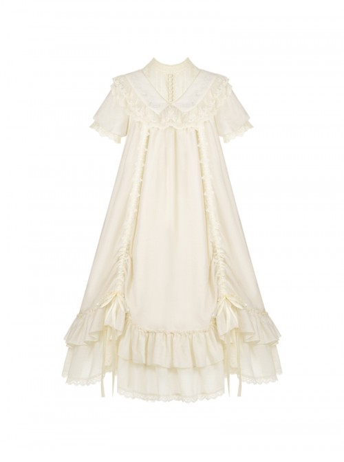 Glass Flower House Series Elegant Rose Embroidered V Shaped Splicing Covered Button Lace Ruffle Drawstring Hem Classic Lolita Short Sleeve Dress