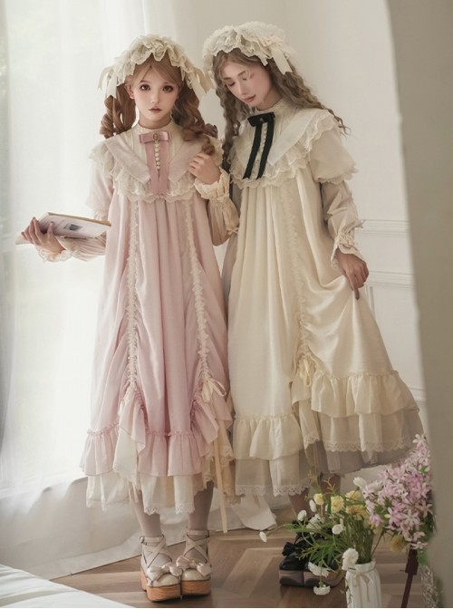 Glass Flower House Series Elegant Rose Embroidered V Shaped Splicing Covered Button Lace Ruffle Drawstring Hem Classic Lolita Short Sleeve Dress