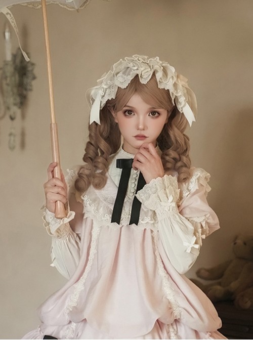 Glass Flower House Series Apricot Exquisite Versatile Layered Lace Trim Bowknot Decoration Classic Lolita Headband