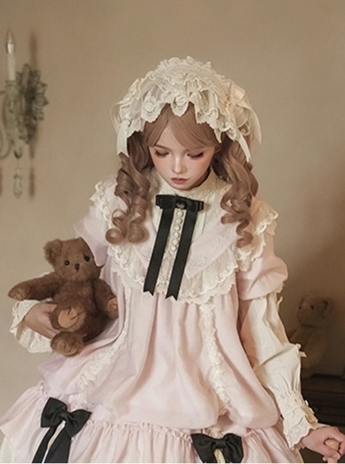Glass Flower House Series Apricot Exquisite Versatile Layered Lace Trim Bowknot Decoration Classic Lolita Headband