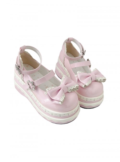 Thousand Layer Tata Series Round Toe Bowknot Decoration Metal Buckle Cake Pure White Double Layer Lace Sweet Lolita Thick Sole Shoes