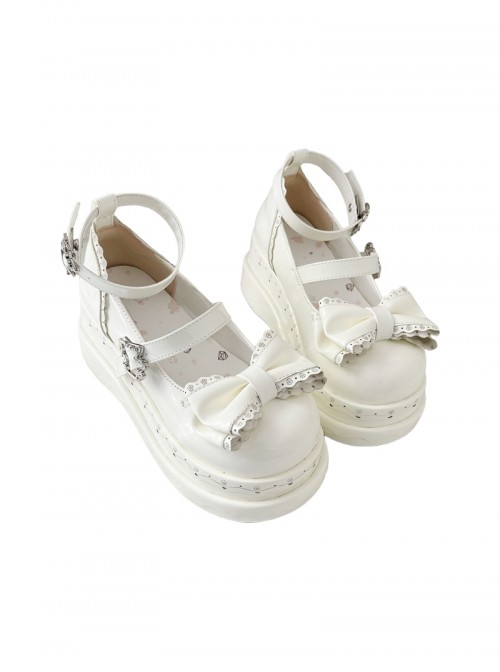 Thousand Layer Tata Series Round Toe Bowknot Decoration Metal Buckle Cake Pure White Double Layer Lace Sweet Lolita Thick Sole Shoes