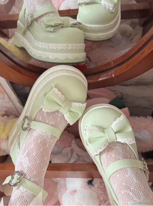 Thousand Layer Tata Series Round Toe Bowknot Decoration Metal Buckle Cake Pure White Double Layer Lace Sweet Lolita Thick Sole Shoes