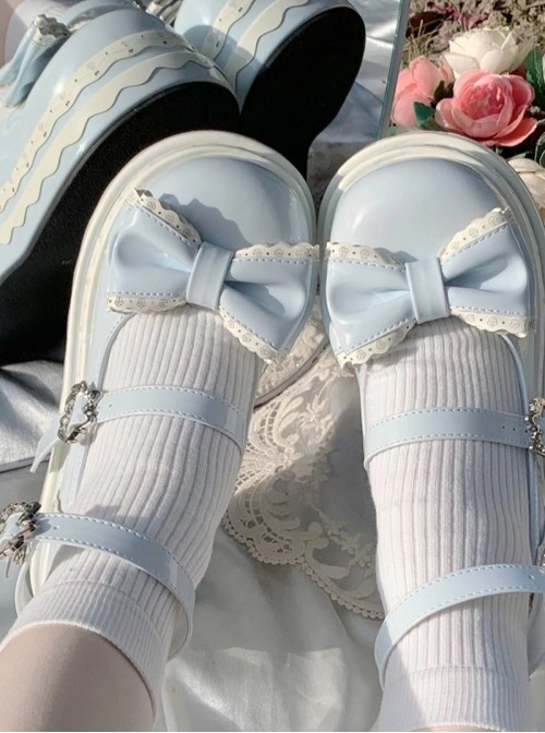 Thousand Layer Tata Series Round Toe Bowknot Decoration Metal Buckle Cake Pure White Double Layer Lace Sweet Lolita Thick Sole Shoes