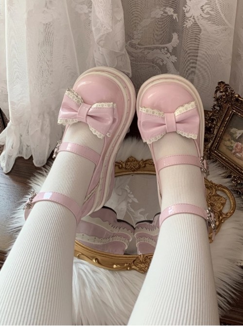 Thousand Layer Tata Series Round Toe Bowknot Decoration Metal Buckle Cake Pure White Double Layer Lace Sweet Lolita Thick Sole Shoes