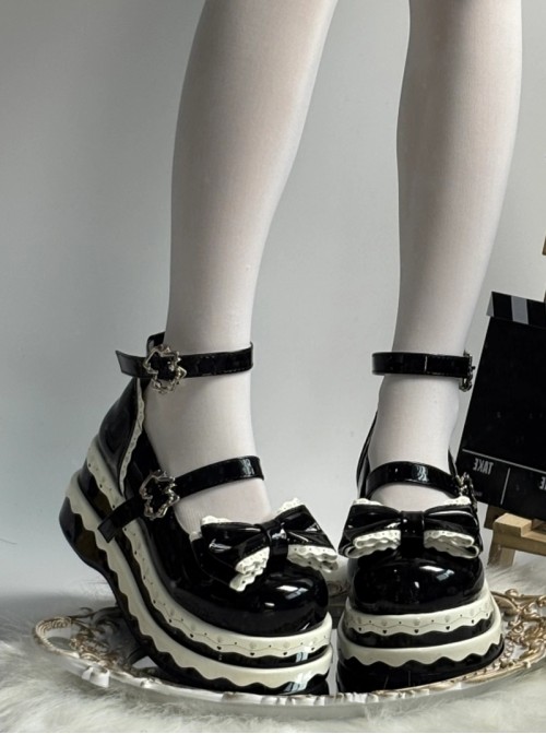 Thousand Layer Tata Series Round Toe Bowknot Decoration Metal Buckle Cake Pure White Double Layer Lace Sweet Lolita Thick Sole Shoes