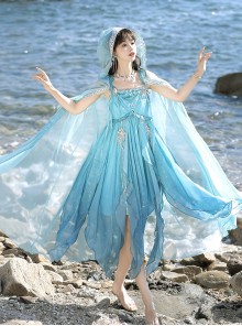 Sea Spirit Series Blue Beaded Chain Sequin Embroidery Irregular Hem Hanfu Element Chinese Exotic Style Sweet Lolita Long Cape Suspender Dress Set