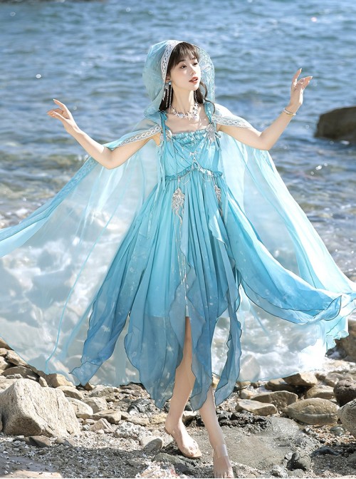 Sea Spirit Series Blue Beaded Chain Sequin Embroidery Irregular Hem Hanfu Element Chinese Exotic Style Sweet Lolita Long Cape Suspender Dress Set