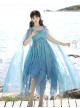 Sea Spirit Series Blue Beaded Chain Sequin Embroidery Irregular Hem Hanfu Element Chinese Exotic Style Sweet Lolita Long Cape Suspender Dress Set