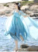 Sea Spirit Series Blue Beaded Chain Sequin Embroidery Irregular Hem Hanfu Element Chinese Exotic Style Sweet Lolita Long Cape Suspender Dress Set