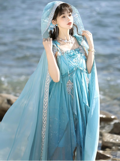 Sea Spirit Series Blue Beaded Chain Sequin Embroidery Irregular Hem Hanfu Element Chinese Exotic Style Sweet Lolita Long Cape Suspender Dress Set