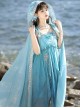 Sea Spirit Series Blue Beaded Chain Sequin Embroidery Irregular Hem Hanfu Element Chinese Exotic Style Sweet Lolita Long Cape Suspender Dress Set