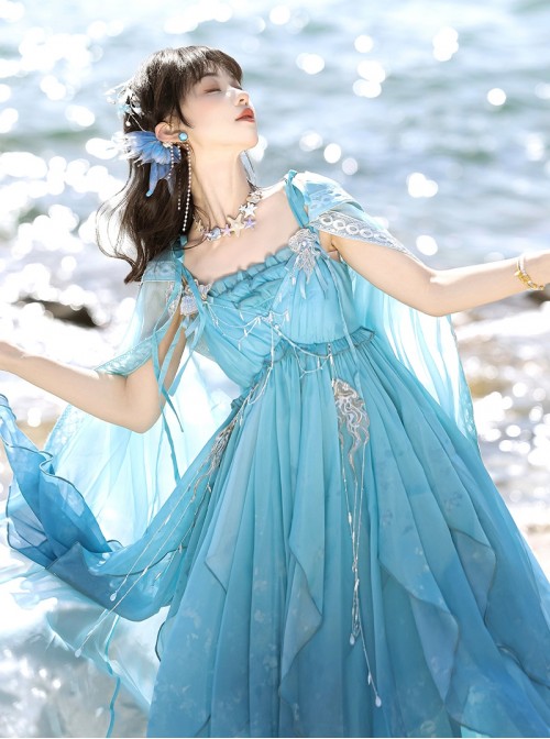 Sea Spirit Series Blue Beaded Chain Sequin Embroidery Irregular Hem Hanfu Element Chinese Exotic Style Sweet Lolita Long Cape Suspender Dress Set