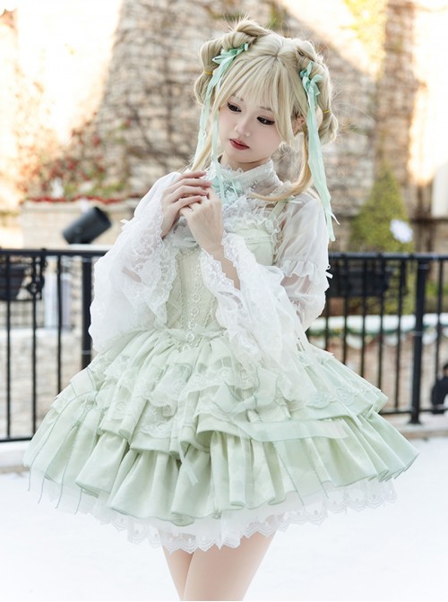 Bolilu Series Exquisite Bead Chain Halter Neck Bowknot Lace DecorationMulti-Layered Ruffle Hem Ballet Style Sweet Lolita Suspender Dress