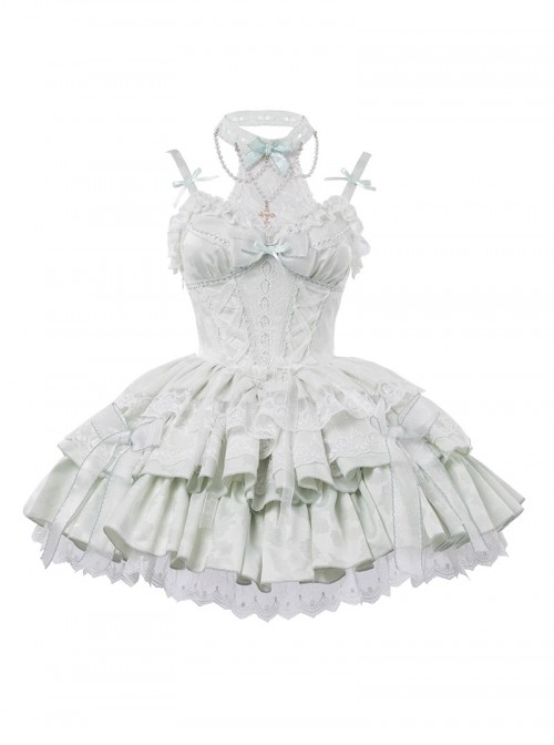 Bolilu Series Exquisite Bead Chain Halter Neck Bowknot Lace DecorationMulti-Layered Ruffle Hem Ballet Style Sweet Lolita Suspender Dress