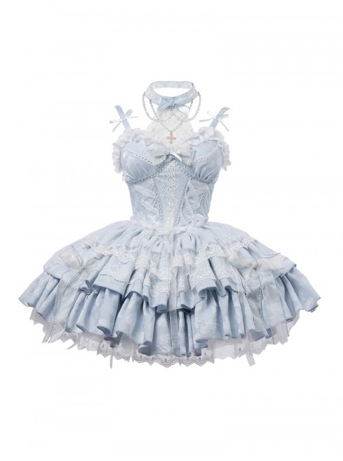 Bolilu Series Exquisite Bead Chain Halter Neck Bowknot Lace DecorationMulti-Layered Ruffle Hem Ballet Style Sweet Lolita Suspender Dress