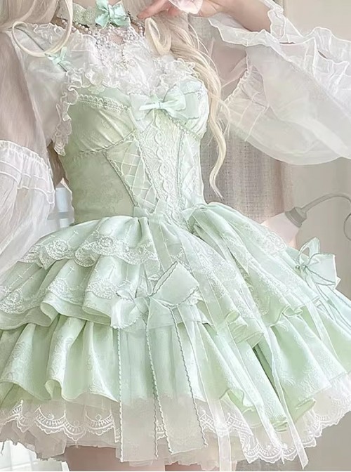 Bolilu Series Exquisite Bead Chain Halter Neck Bowknot Lace DecorationMulti-Layered Ruffle Hem Ballet Style Sweet Lolita Suspender Dress