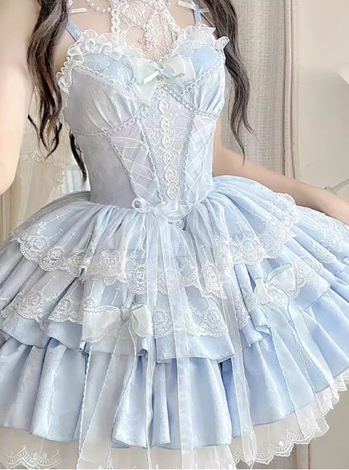Bolilu Series Exquisite Bead Chain Halter Neck Bowknot Lace DecorationMulti-Layered Ruffle Hem Ballet Style Sweet Lolita Suspender Dress