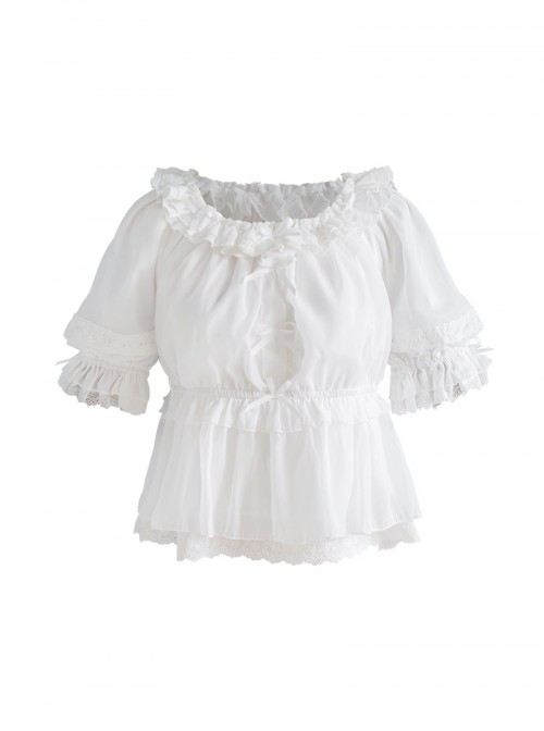 Daily Simple Versatile Round Neck Bowknot Ruffle Lace Trim Decoration Collar Two Way Sweet Lolita Short-Sleeved Shirt