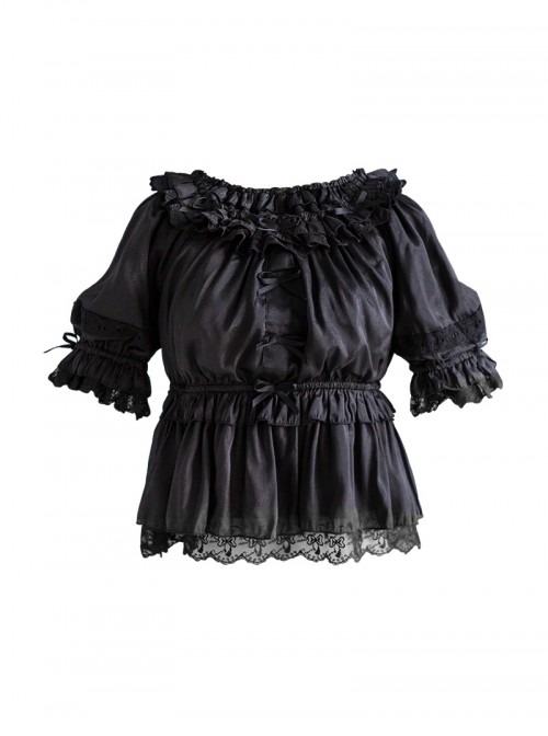 Daily Simple Versatile Round Neck Bowknot Ruffle Lace Trim Decoration Collar Two Way Sweet Lolita Short-Sleeved Shirt