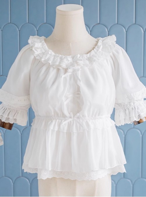 Daily Simple Versatile Round Neck Bowknot Ruffle Lace Trim Decoration Collar Two Way Sweet Lolita Short-Sleeved Shirt
