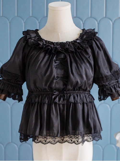 Daily Simple Versatile Round Neck Bowknot Ruffle Lace Trim Decoration Collar Two Way Sweet Lolita Short-Sleeved Shirt