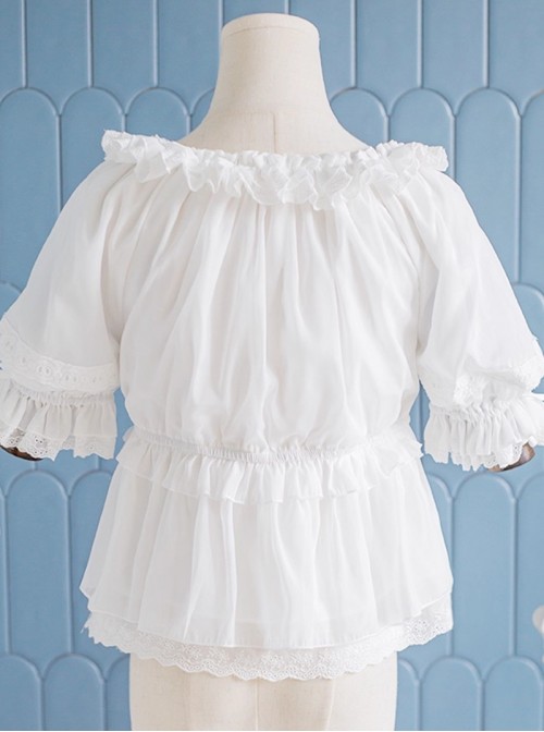 Daily Simple Versatile Round Neck Bowknot Ruffle Lace Trim Decoration Collar Two Way Sweet Lolita Short-Sleeved Shirt