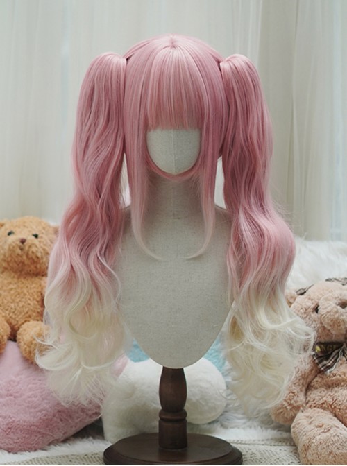 Cute Daily Versatile Straight Bangs Bob Hair Sweet Lolita Gradient Tiger Mouth Clip Double Ponytail Long Curly Wig