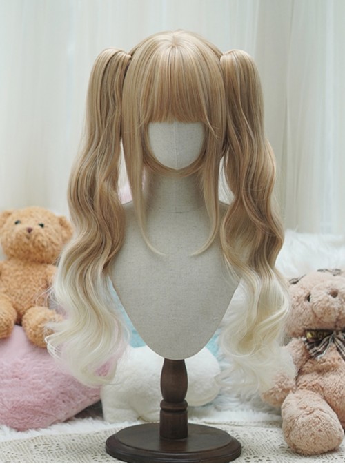 Cute Daily Versatile Straight Bangs Bob Hair Sweet Lolita Gradient Tiger Mouth Clip Double Ponytail Long Curly Wig