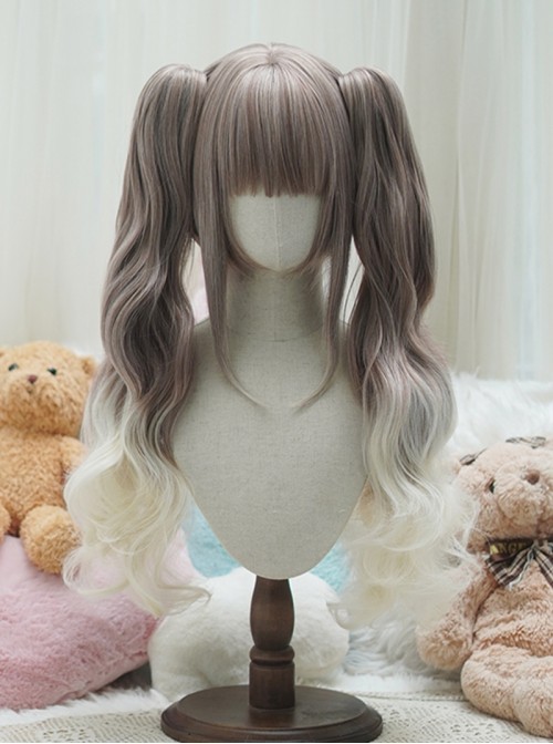Cute Daily Versatile Straight Bangs Bob Hair Sweet Lolita Gradient Tiger Mouth Clip Double Ponytail Long Curly Wig
