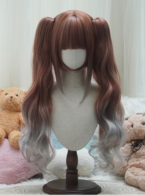 Cute Daily Versatile Straight Bangs Bob Hair Sweet Lolita Gradient Tiger Mouth Clip Double Ponytail Long Curly Wig