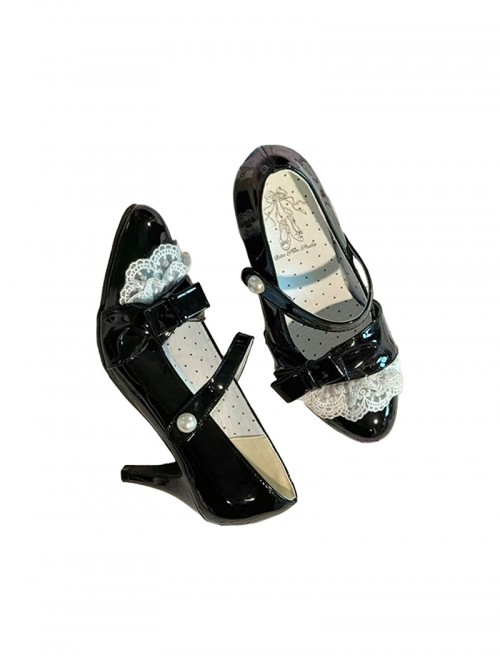 Pearl Prologue Series Elegant Lace Bowknot Pearl Decoration Velcro Laces Sweet Lolita Pointed Toe Slim High Heels