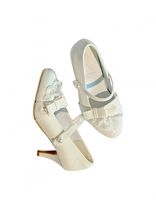 Pearl Prologue Series Elegant Lace Bowknot Pearl Decoration Velcro Laces Sweet Lolita Pointed Toe Slim High Heels