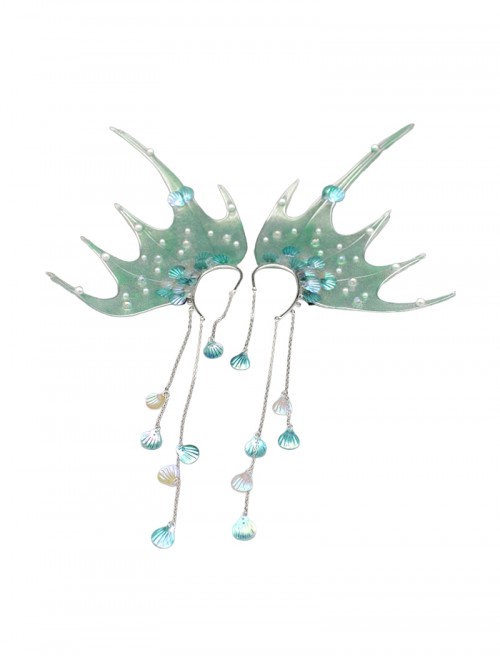 Mermaid Princess Sparkling Dreamy Fairy Pearl Shell Tassel Mermaid Fin Earrings Sweet Lolita Side Clip Earrings