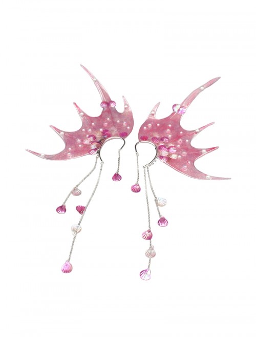Mermaid Princess Sparkling Dreamy Fairy Pearl Shell Tassel Mermaid Fin Earrings Sweet Lolita Side Clip Earrings