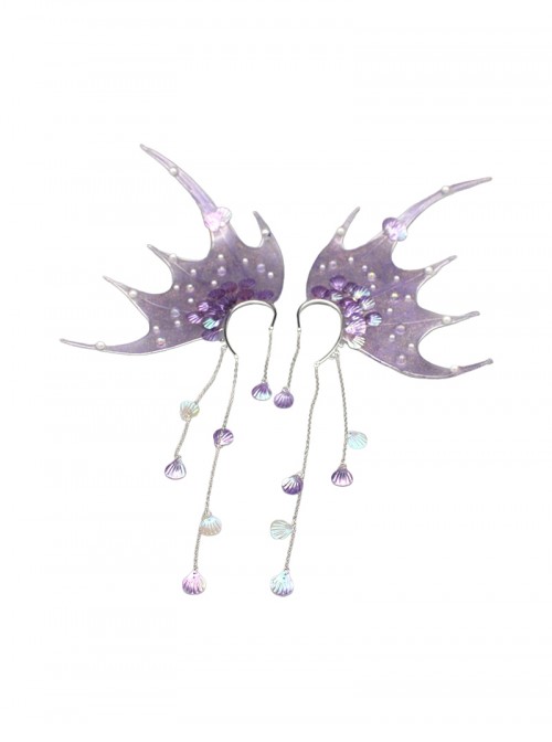 Mermaid Princess Sparkling Dreamy Fairy Pearl Shell Tassel Mermaid Fin Earrings Sweet Lolita Side Clip Earrings
