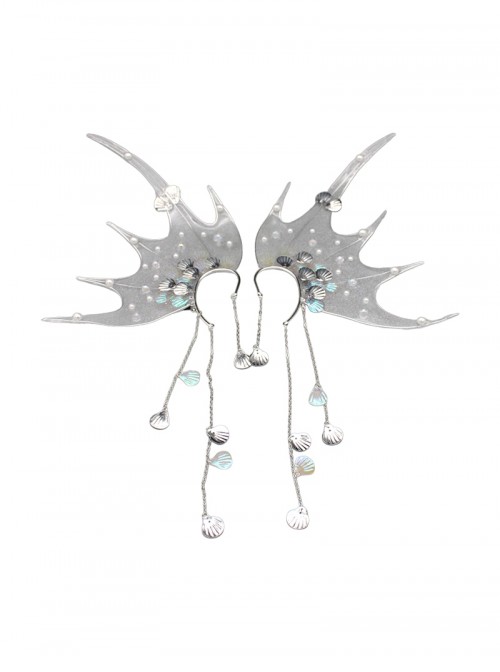 Mermaid Princess Sparkling Dreamy Fairy Pearl Shell Tassel Mermaid Fin Earrings Sweet Lolita Side Clip Earrings