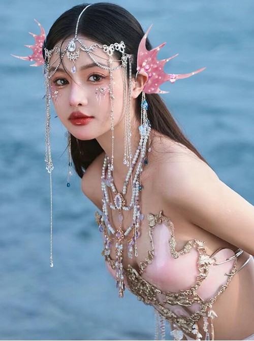Mermaid Princess Sparkling Dreamy Fairy Pearl Shell Tassel Mermaid Fin Earrings Sweet Lolita Side Clip Earrings