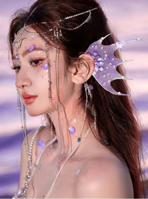 Mermaid Princess Sparkling Dreamy Fairy Pearl Shell Tassel Mermaid Fin Earrings Sweet Lolita Side Clip Earrings