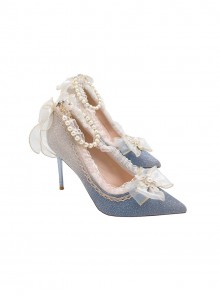 Elegant Exquisite Shiny Blue Gray Gradient Lace Pearl Chain Bowknot Decoration Sweet Lolita Pointed Toe Stiletto High Heels